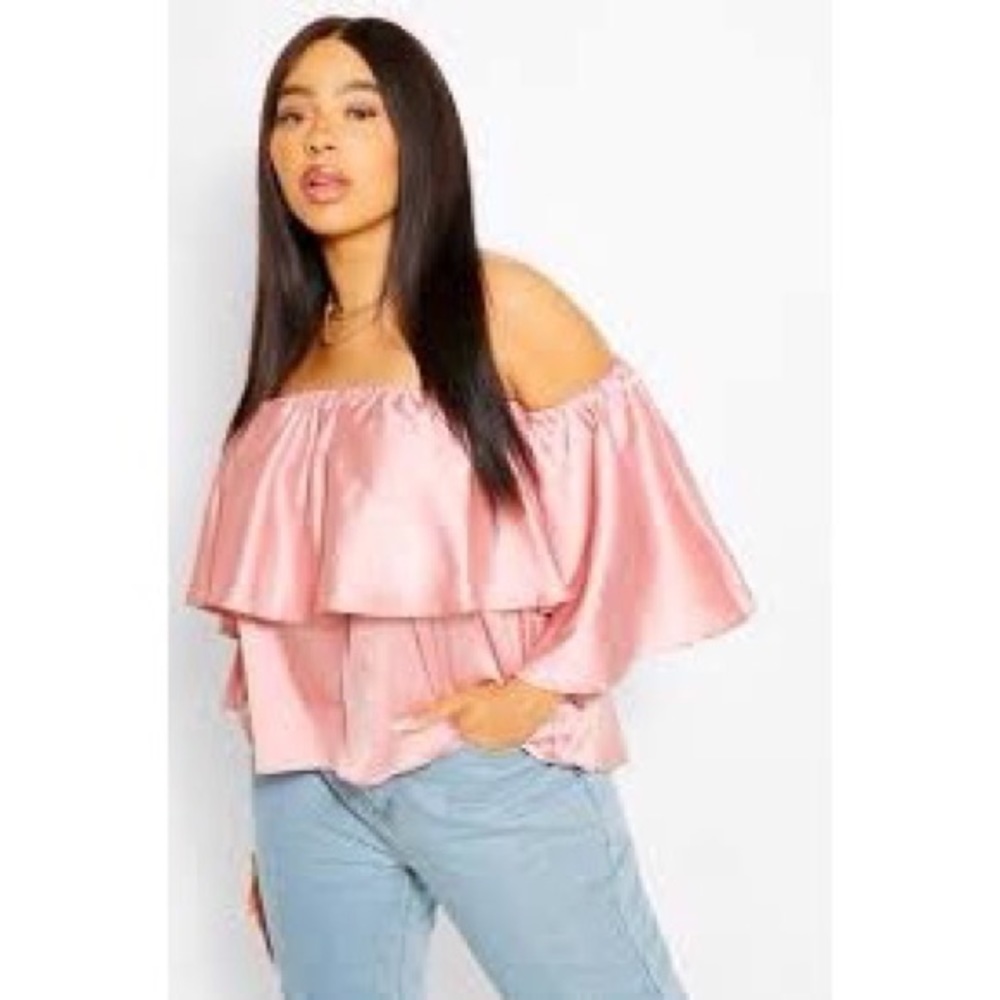 Pink satin ruffle Bardot top. New with tags!
